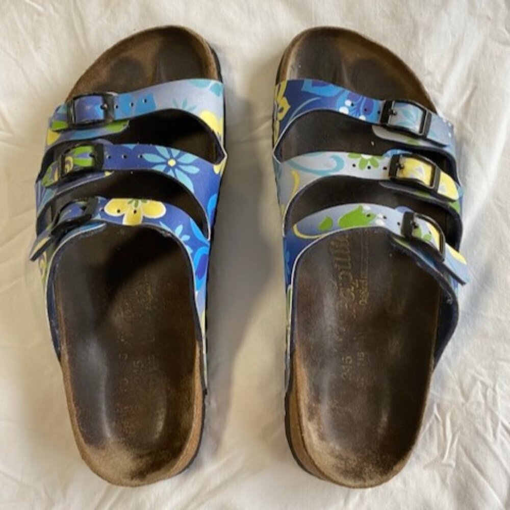 Papillio By Birkenstock Blue & Yellow Floral Leather Strap Sandals